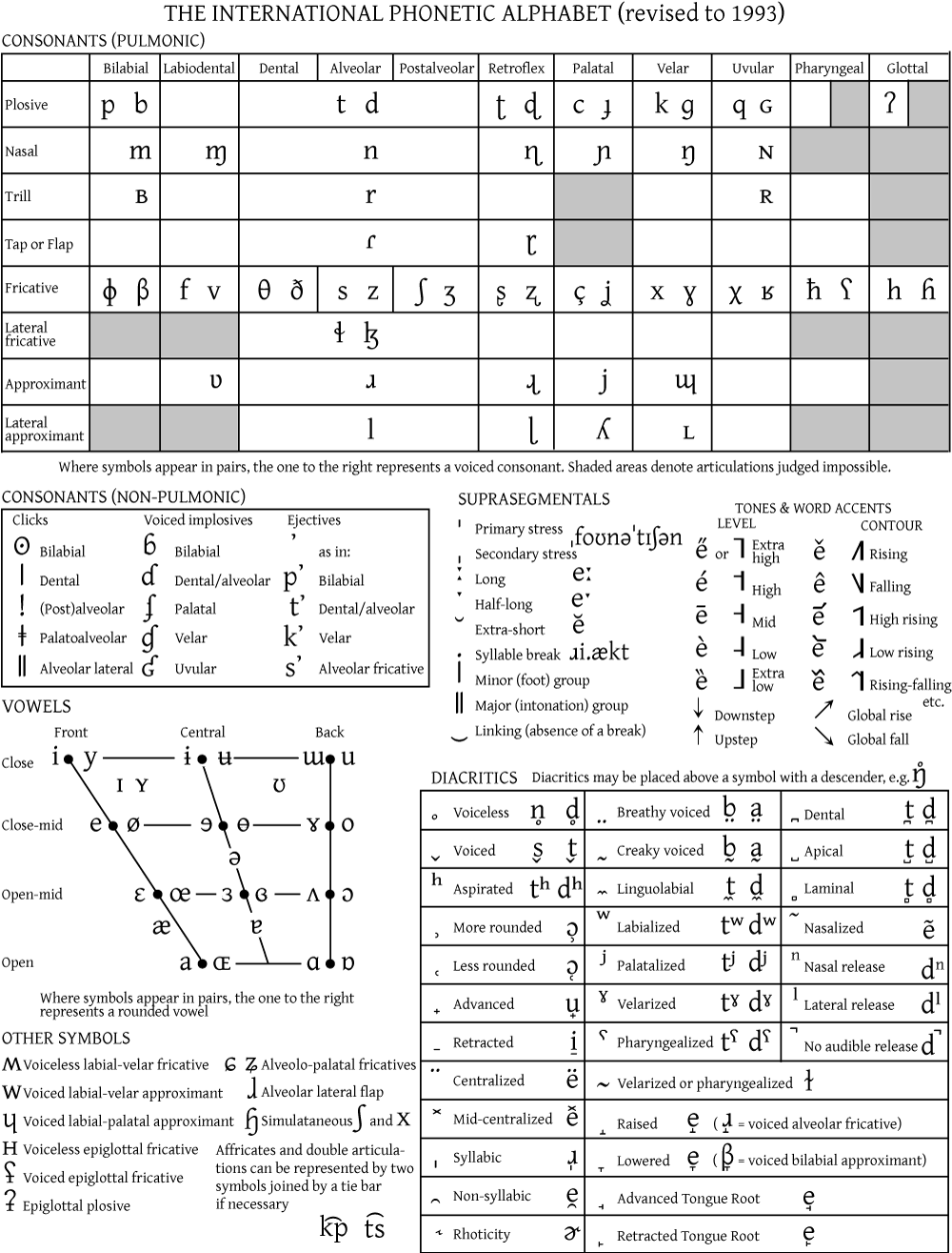 A dense grid of phonetic symbols, consonants arranged by where and how they are made.