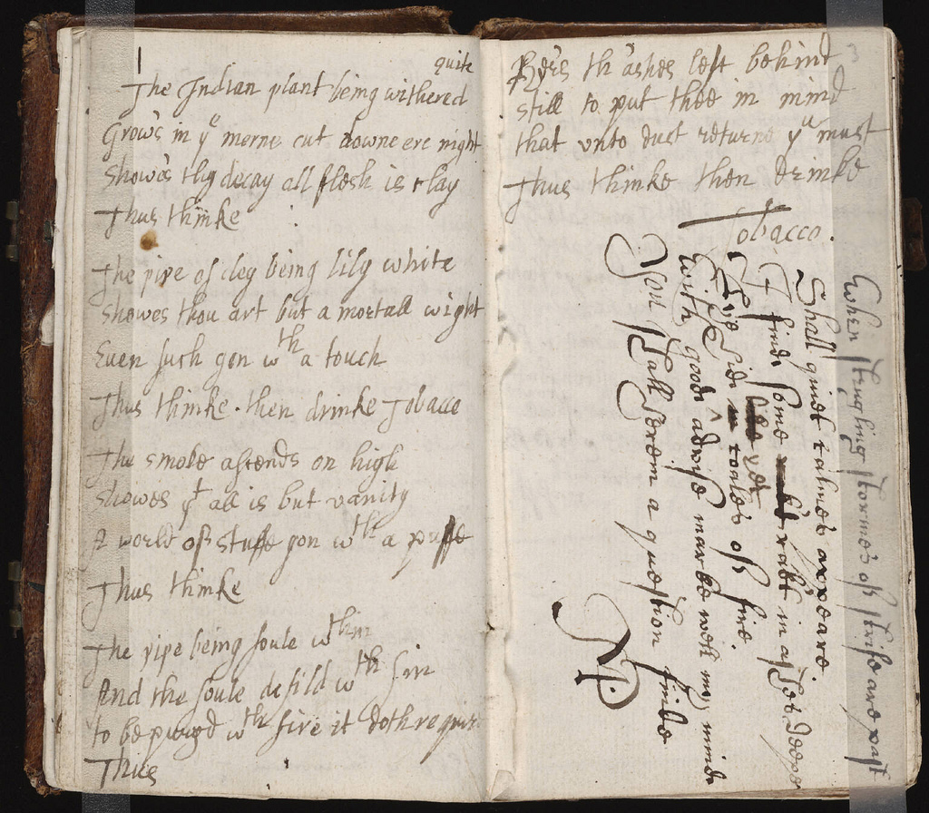 An open seventeenth-century notebook, entries in a small hand with an index in the margin.