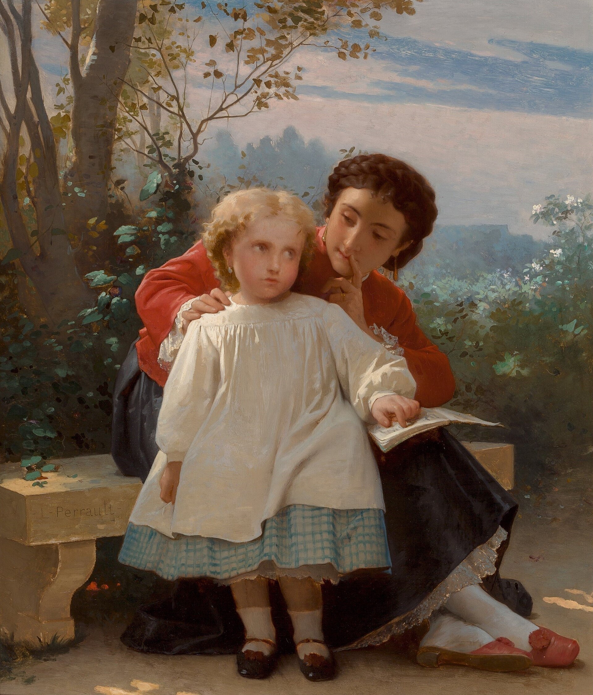 A nineteenth-century painting of a woman guiding a child through a book, both looking at the page.