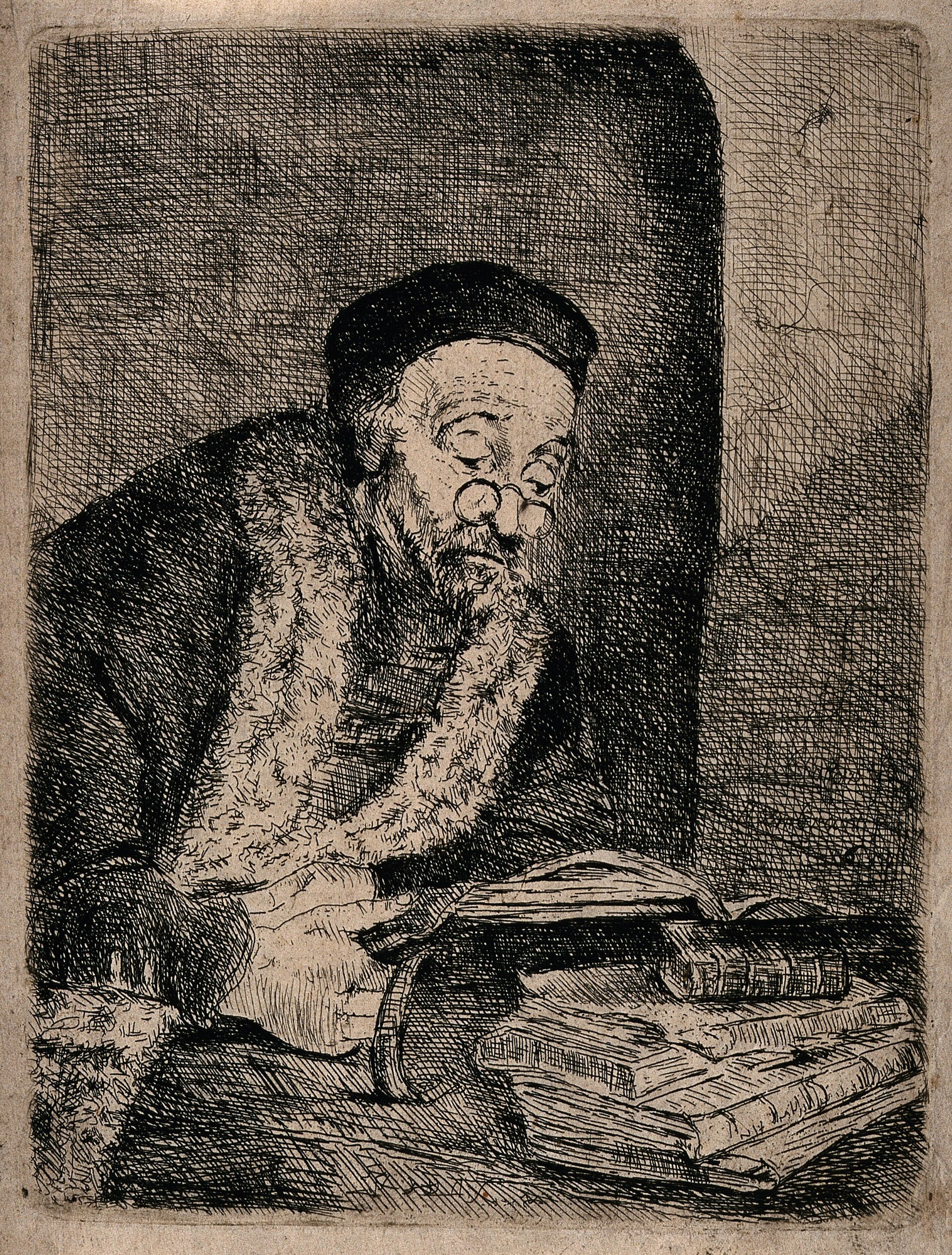 An etching of an elderly man in spectacles bent over a book at a table, alone.