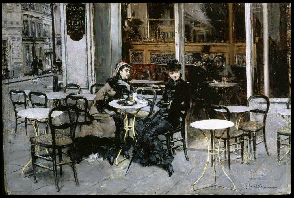 A painting of two women seated at a small marble table on a café terrace, talking, with empty chairs around them.