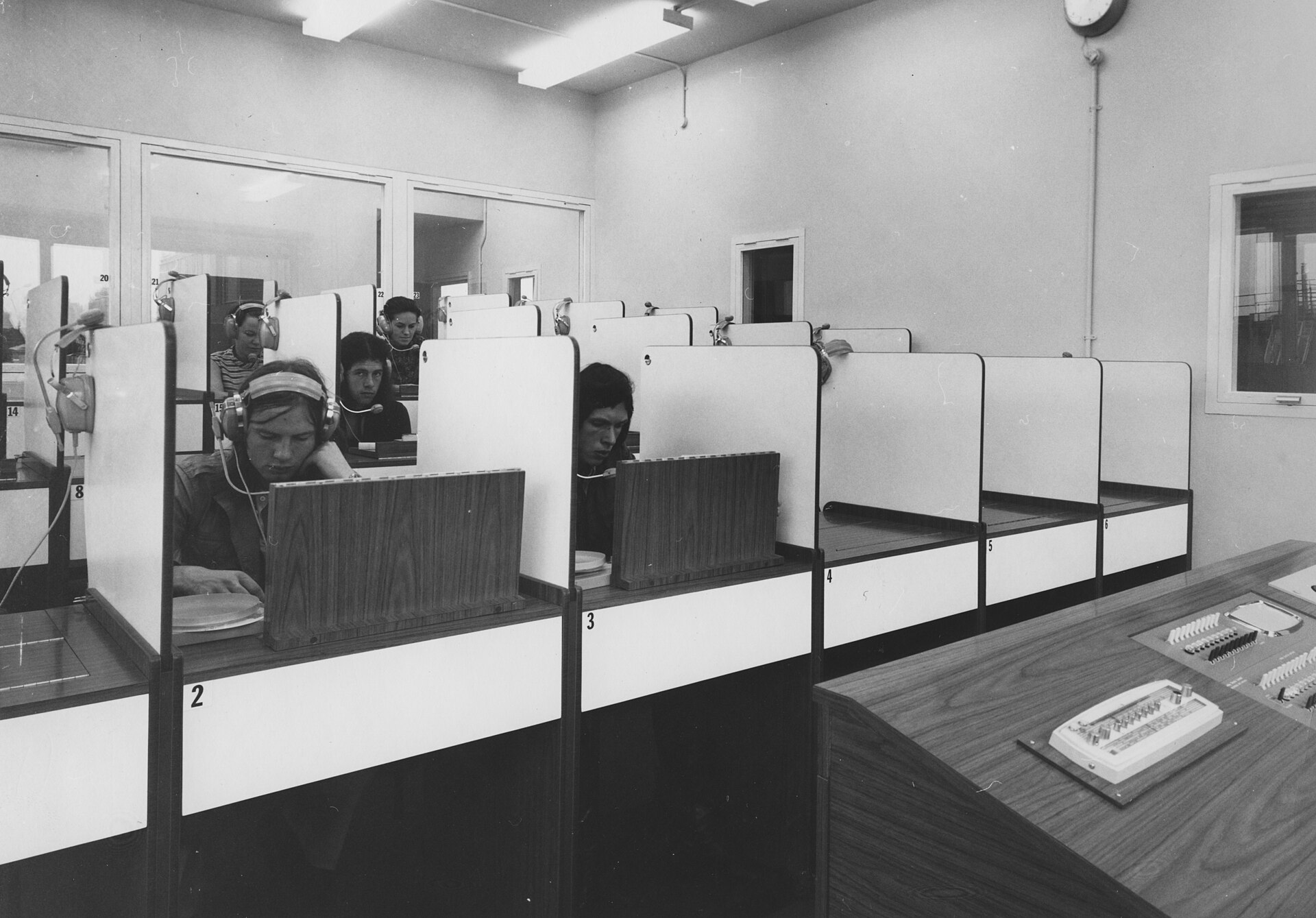 A university language laboratory photographed in 1970.