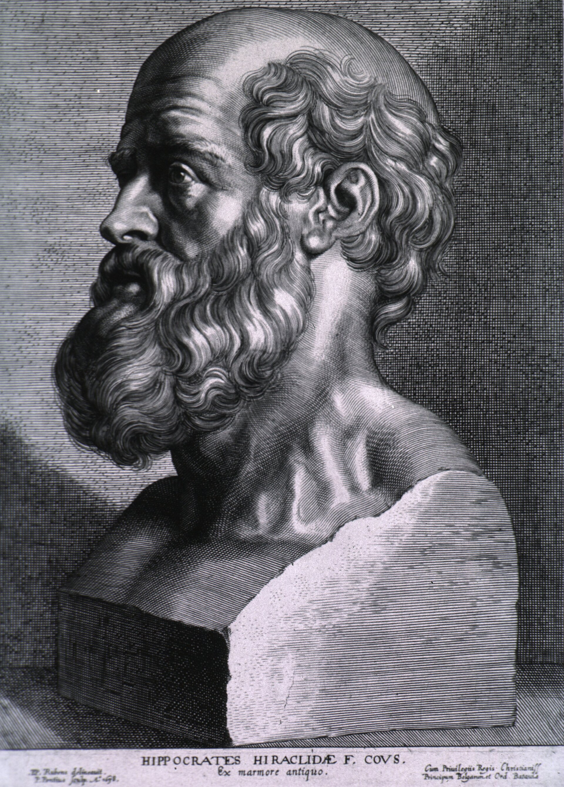 An engraved portrait of Hippocrates, bearded and in classical drapery.