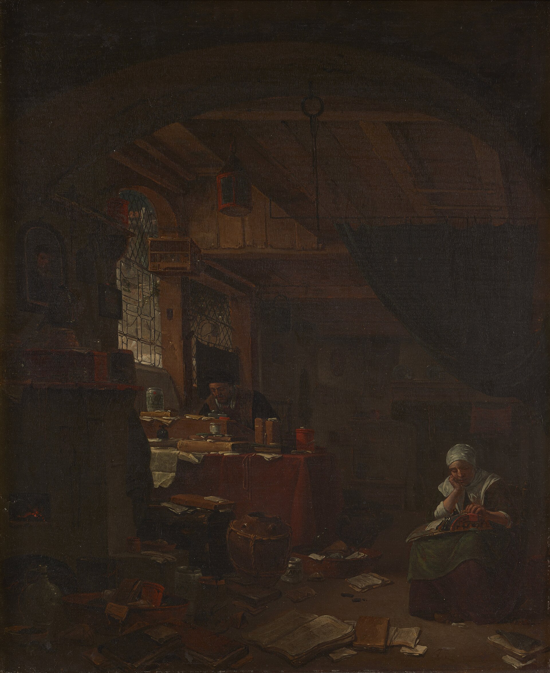 A painting of an alchemist at work in a room crowded with books, jars, instruments and papers.