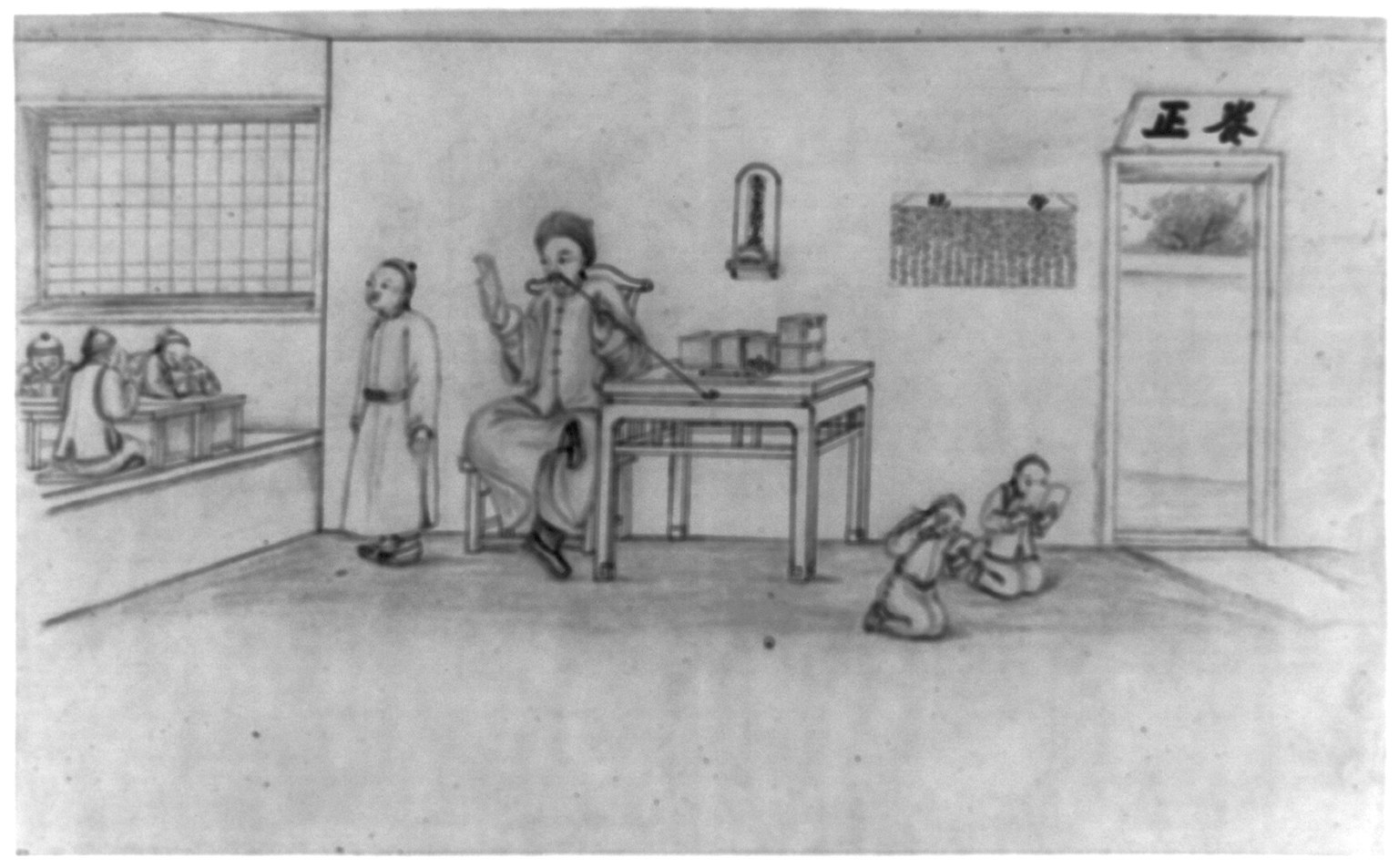 An old photograph of a village schoolroom: a teacher with a long pipe and rows of children at low desks.
