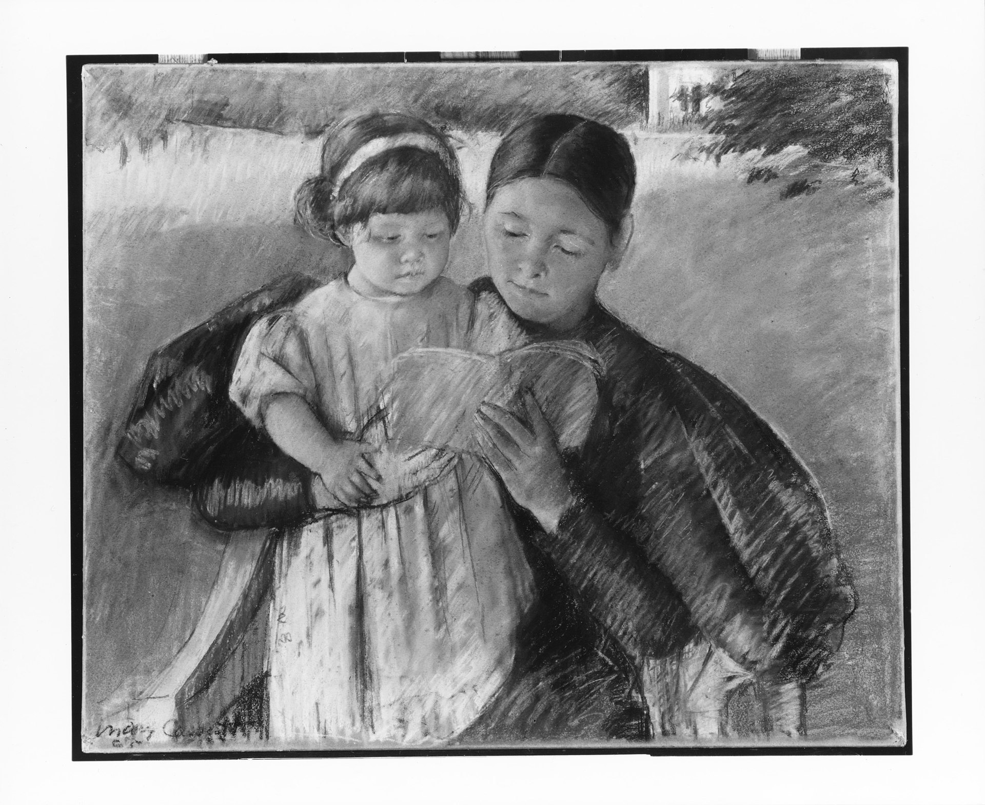 A pastel of a woman reading aloud to a small girl who is leaning against her, watching the page.