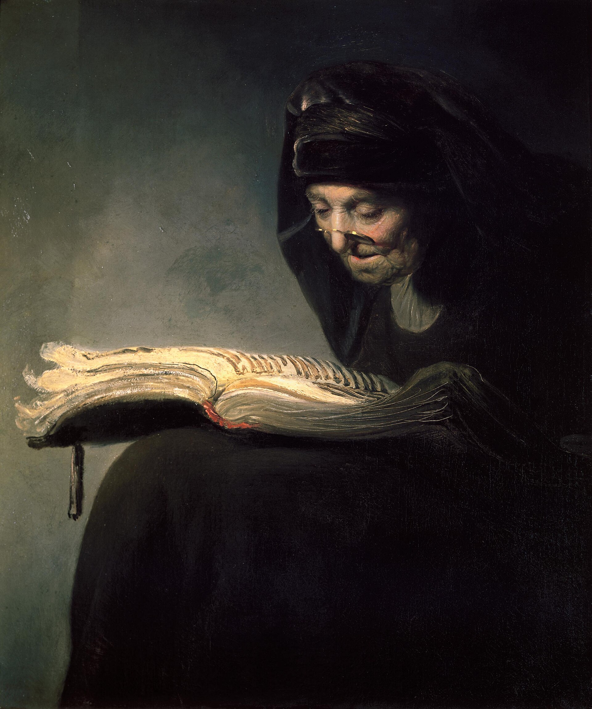 A painting of an elderly woman reading a large book held in her lap, her face lit from the page.