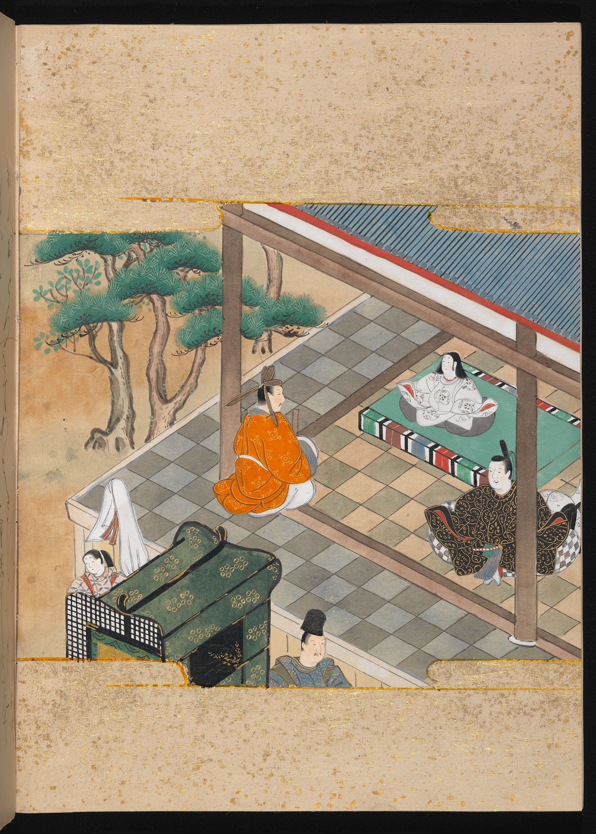 An illustrated page from a classical Japanese romance, figures in court dress among painted screens.