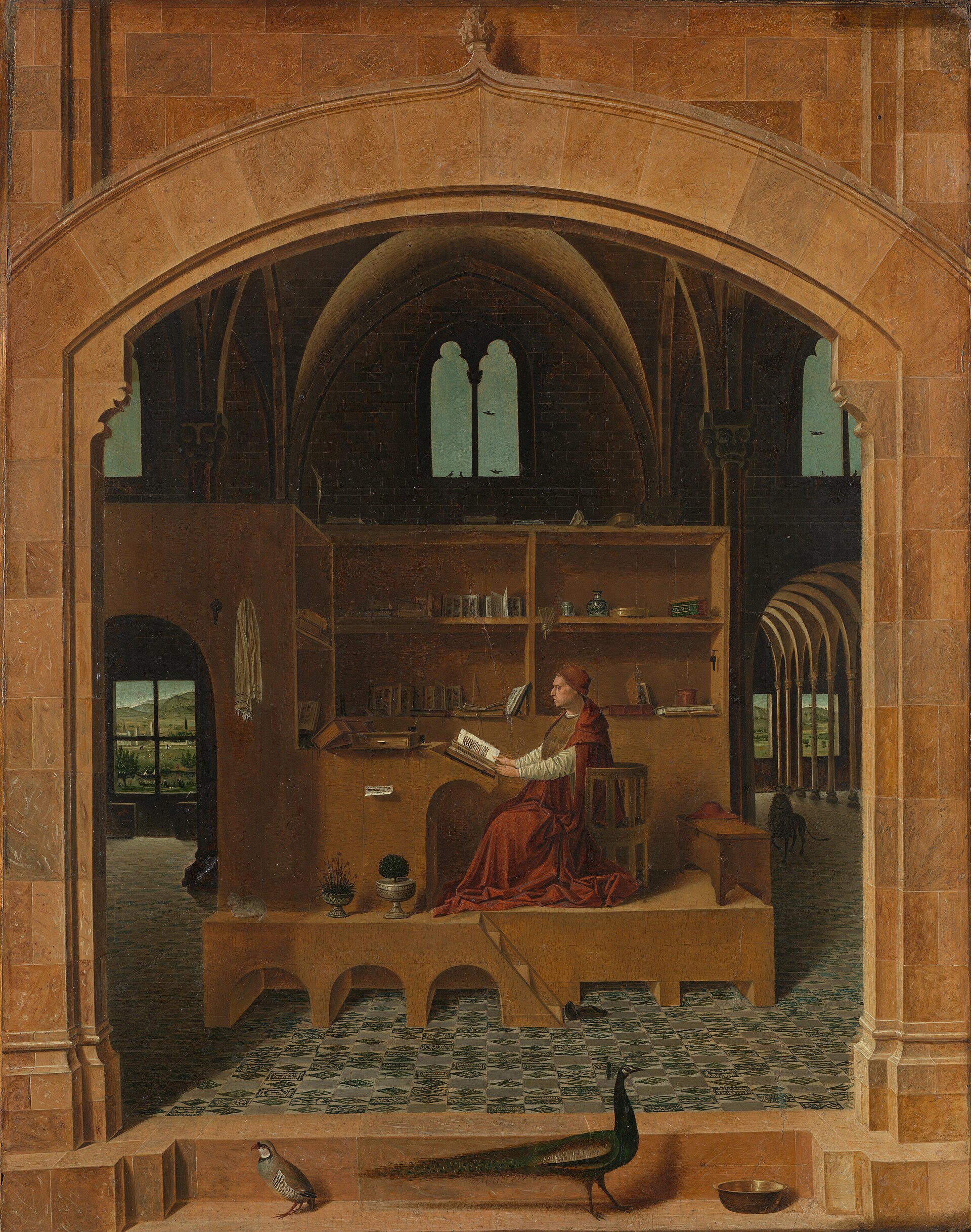 A painting of a scholar reading at a wooden desk raised on a platform inside a vast stone hall, with birds and open landscape beyond the archway.
