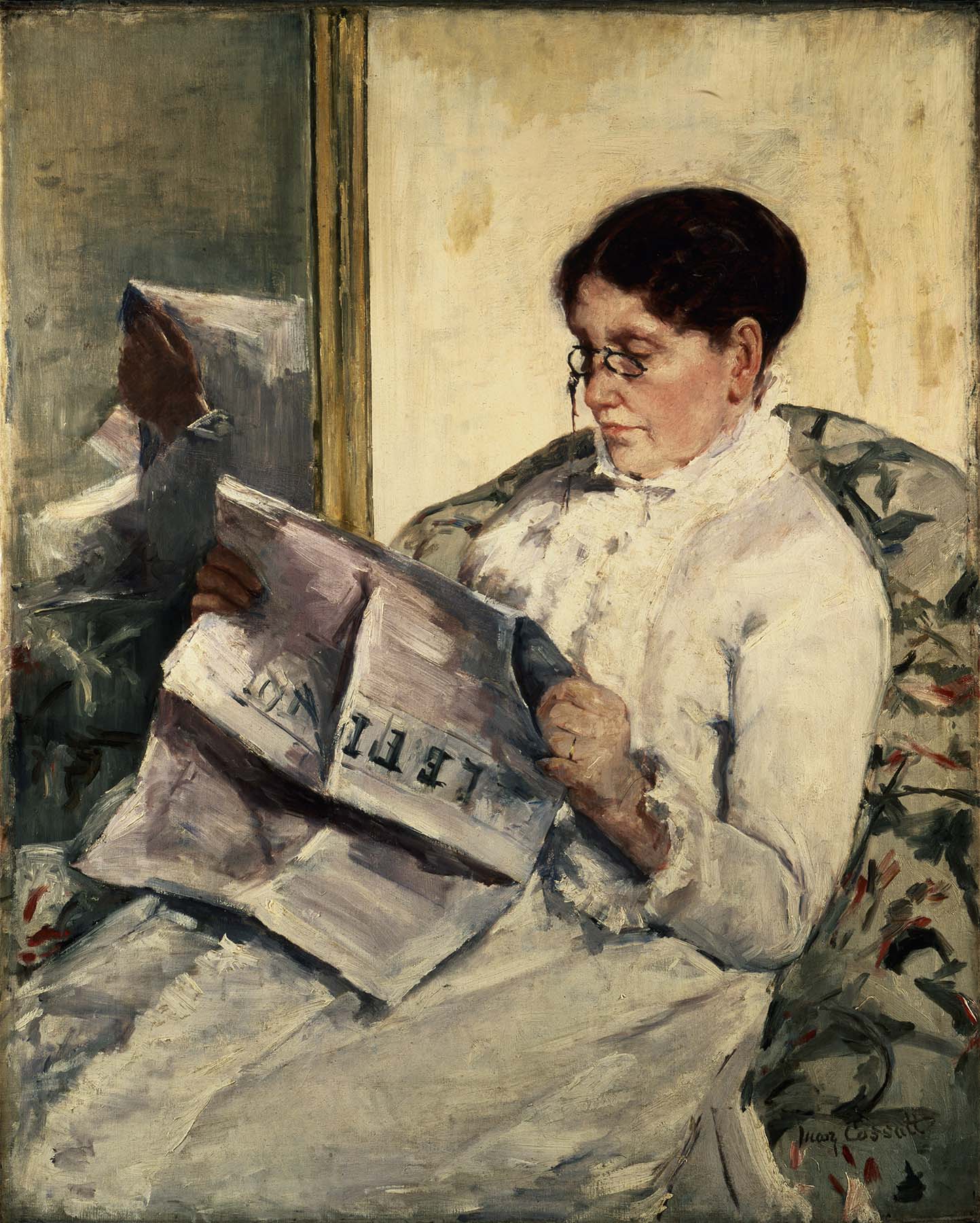 A painting of a woman reading a newspaper held at arm's length, a mirror behind her.