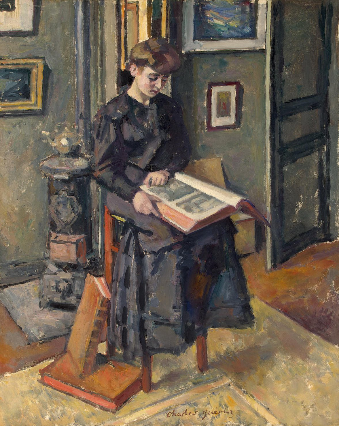 A painting of a young woman absorbed in a book, head bent, hands holding the pages open.