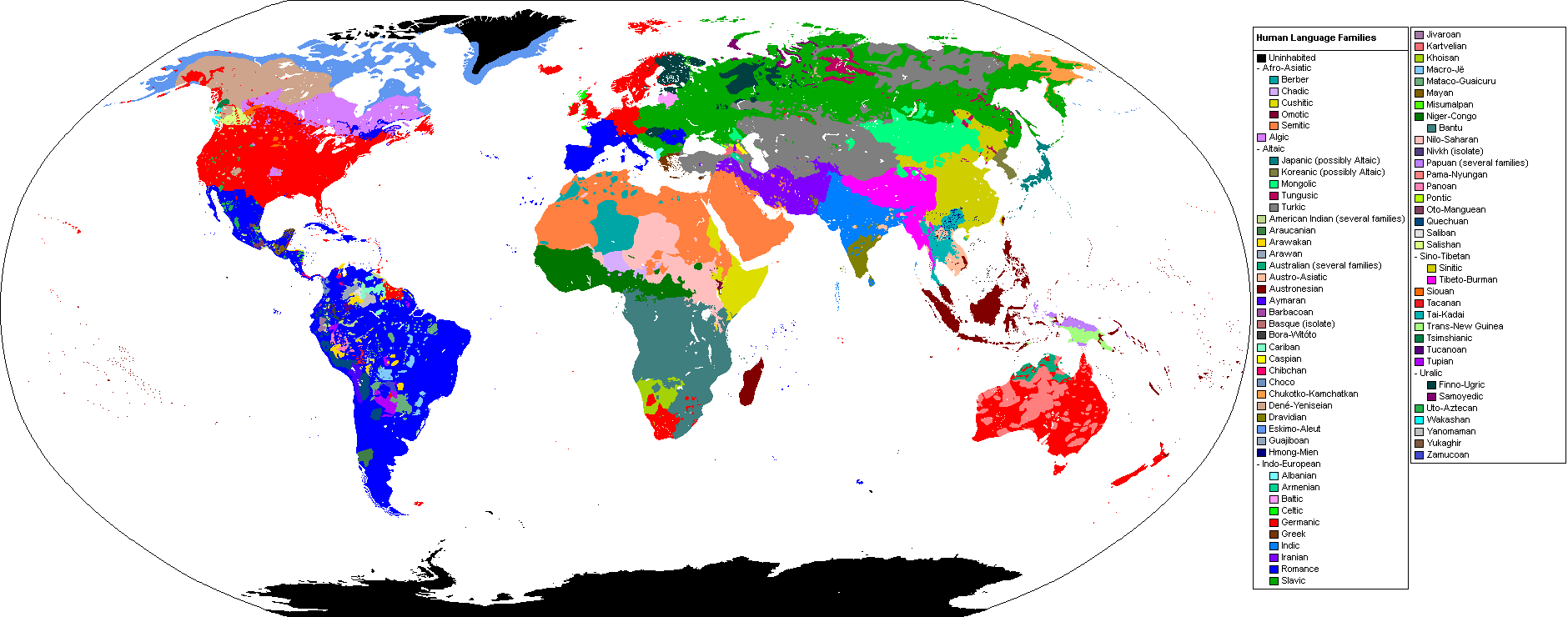 A world map with regions coloured by language family.