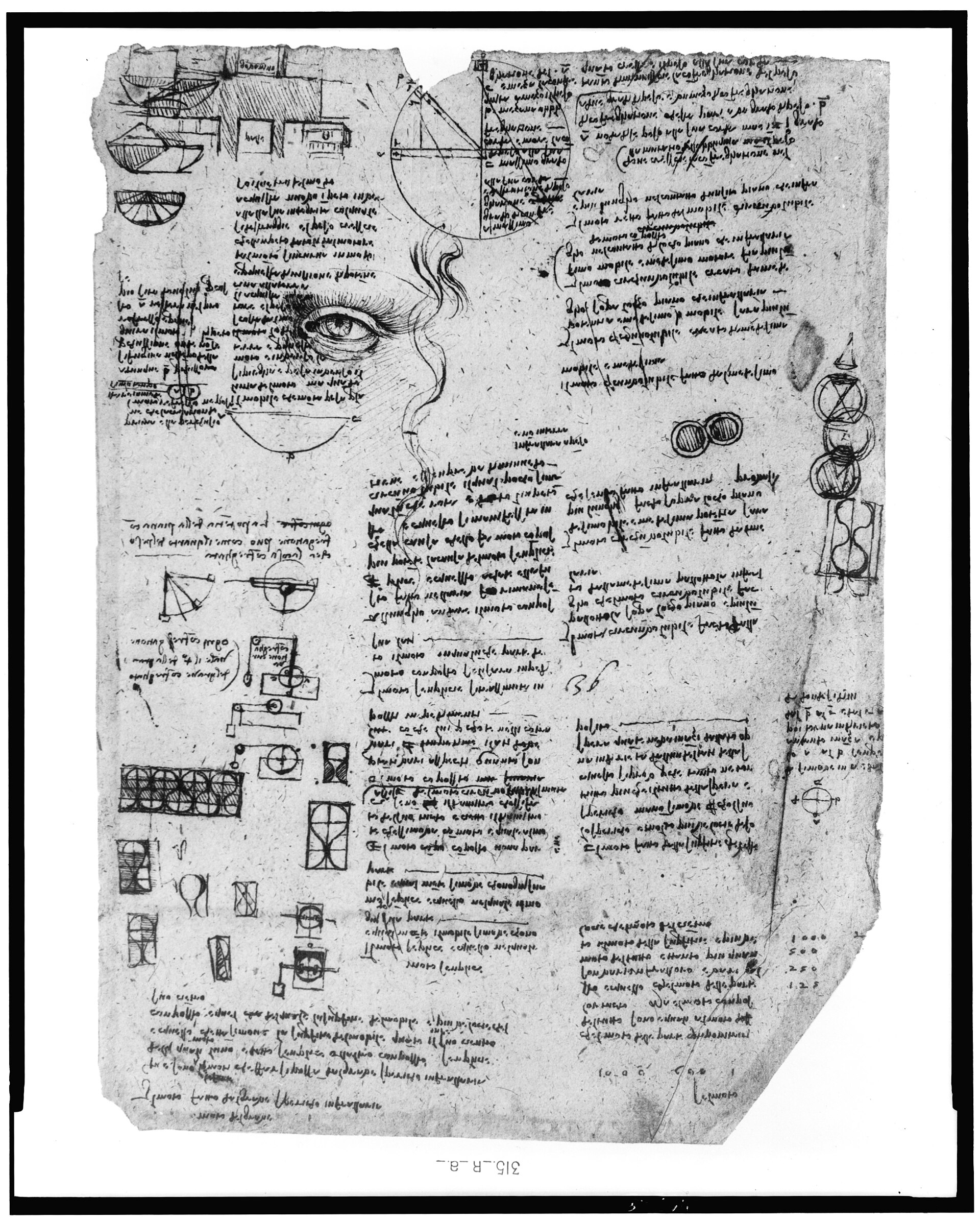 A notebook page dense with sketches and mirror-written notes packed around them.