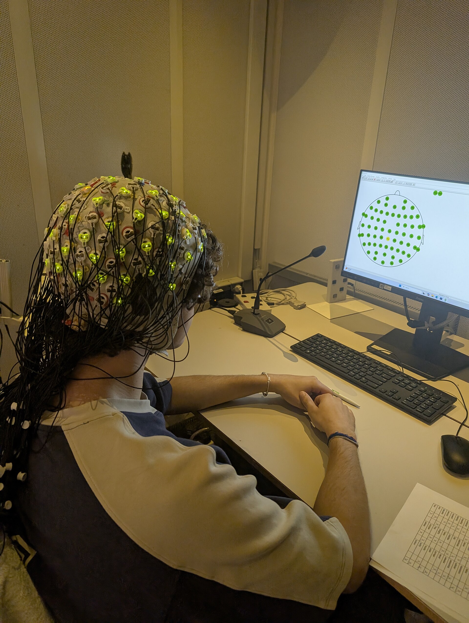 A person wearing a dense cap of EEG electrodes sits at a desk facing a screen that shows the electrode layout.