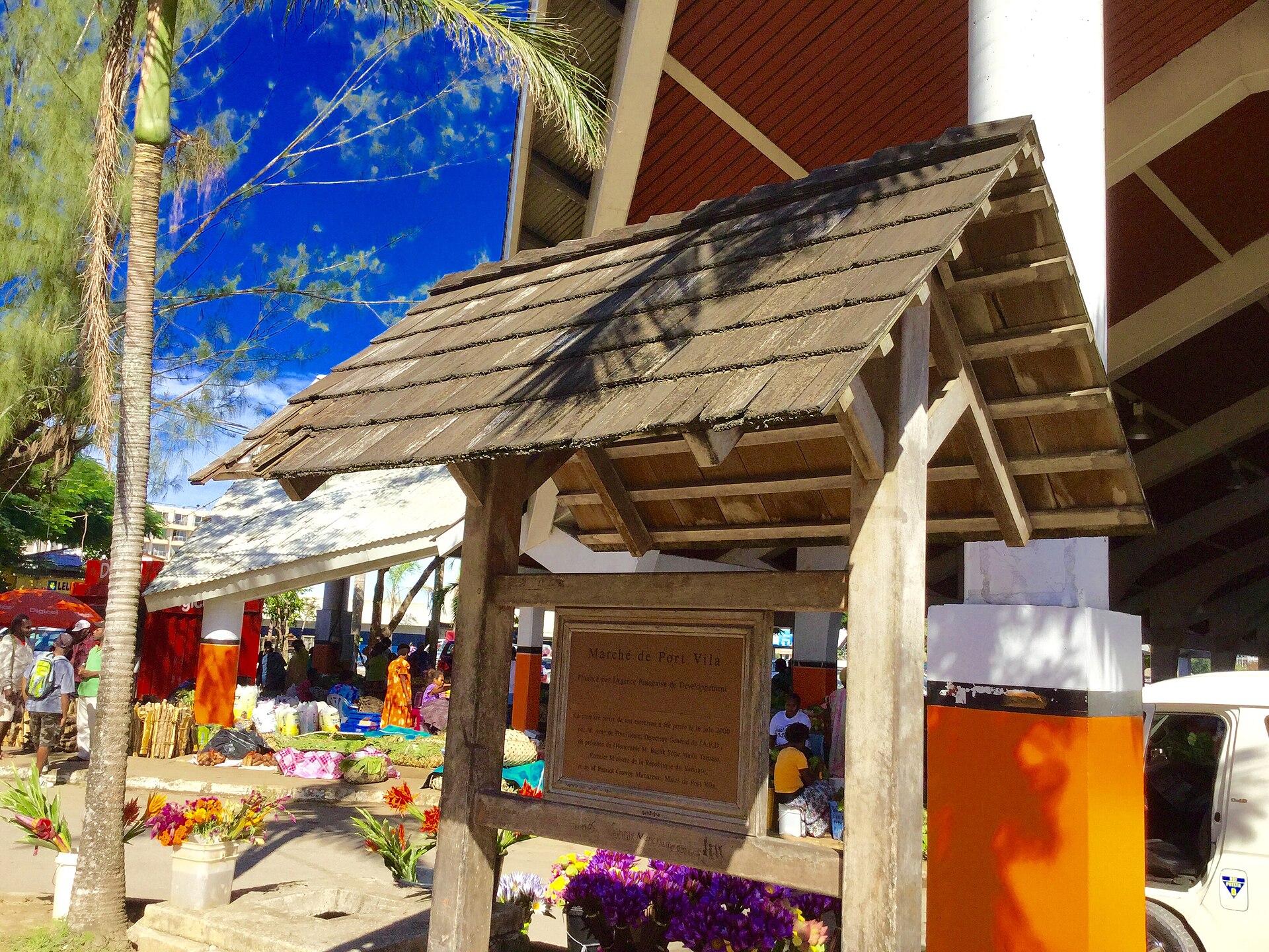 The market house in Port Vila, Vanuatu, with stalls under a long roof.