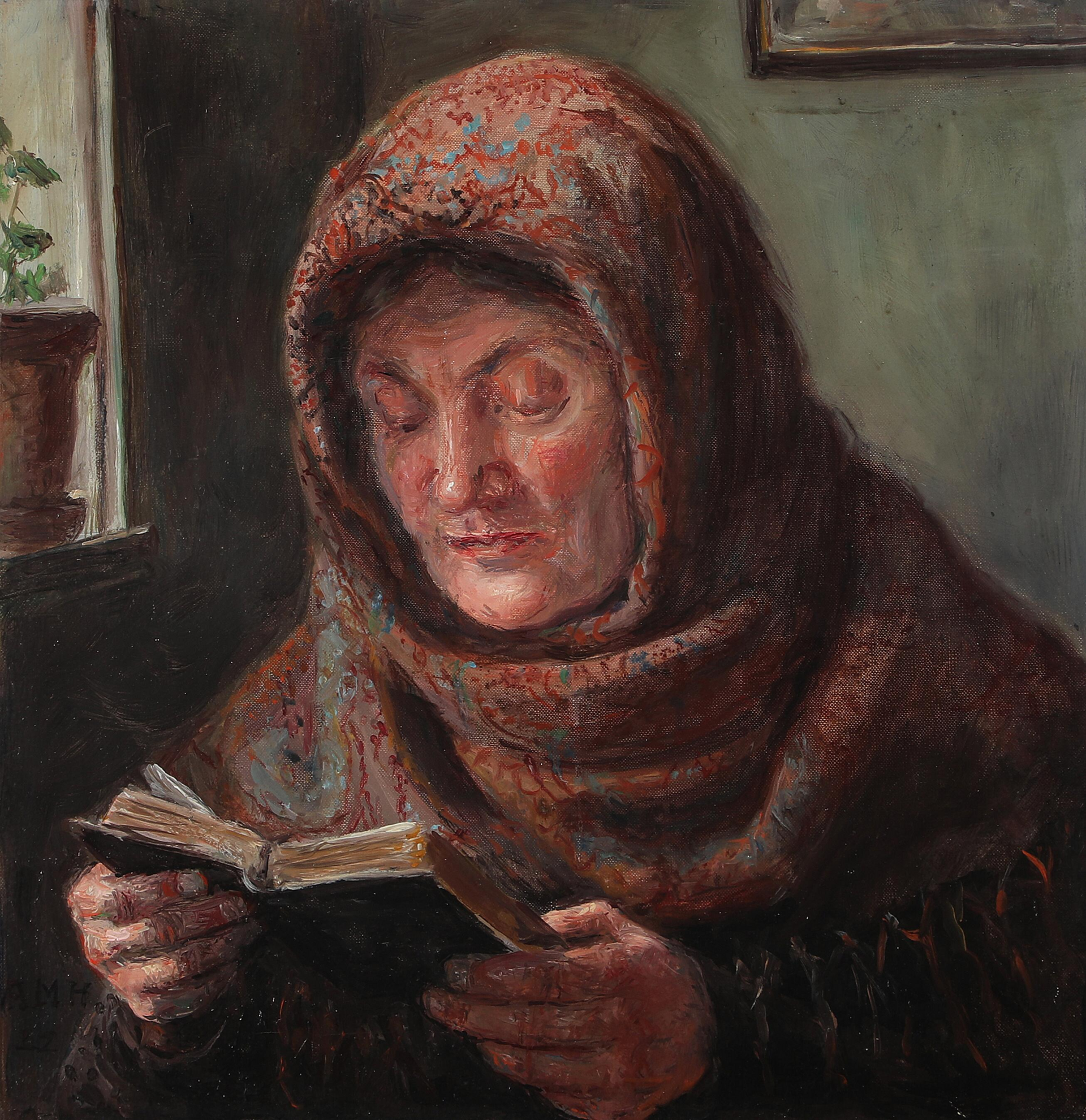 A 1922 interior painting of an elderly woman sitting alone by a window, reading.
