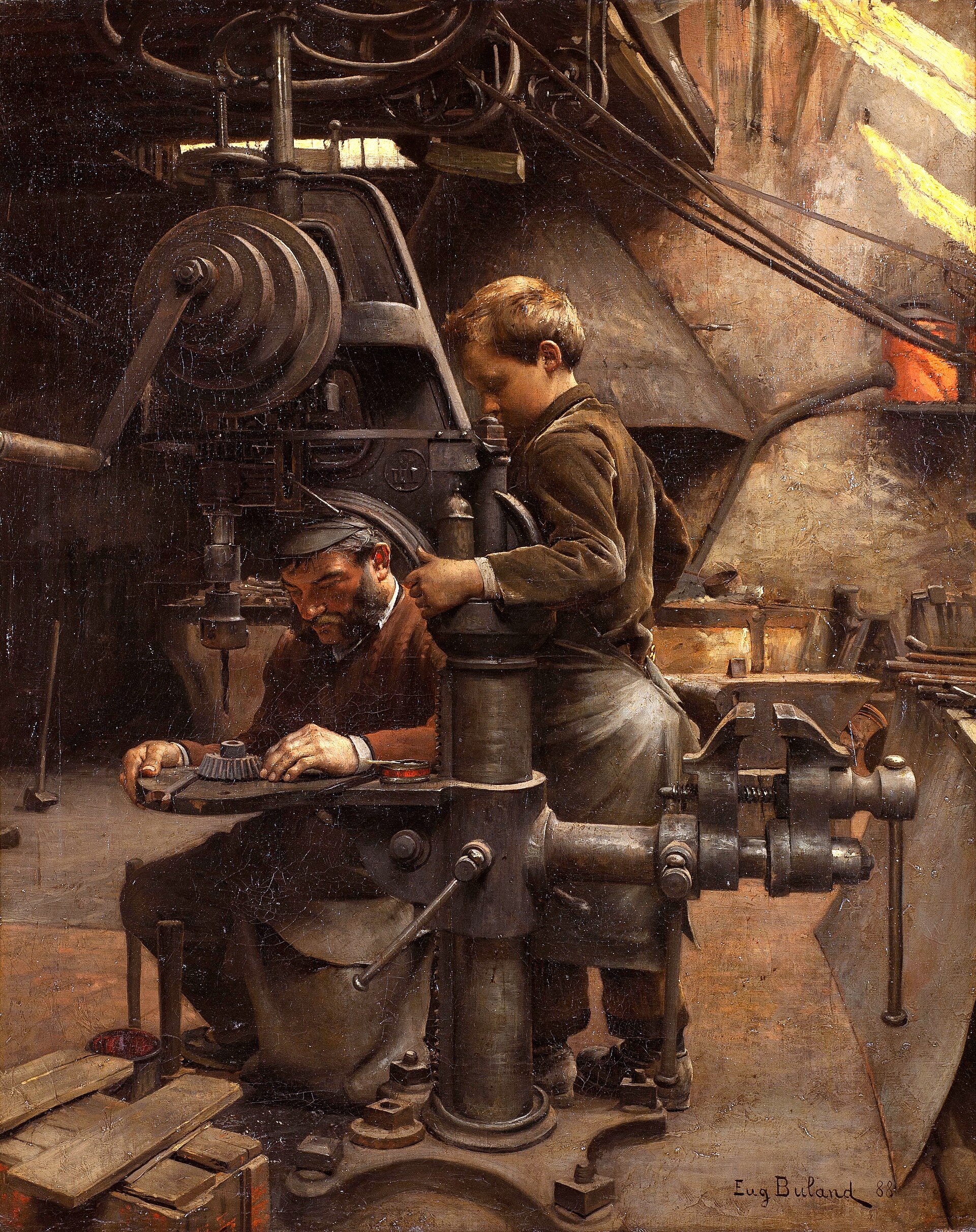 A painting of an older craftsman leaning over a young apprentice at a workbench.