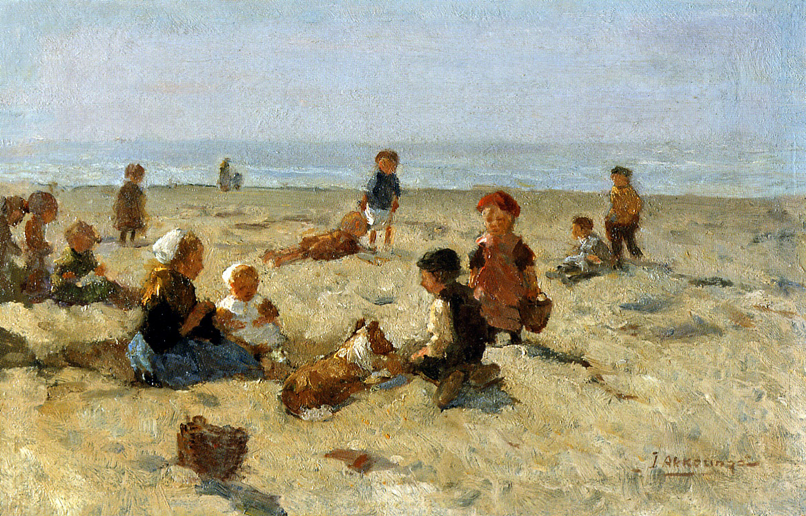 A painting of small children playing together on a beach, absorbed in each other rather than the viewer.