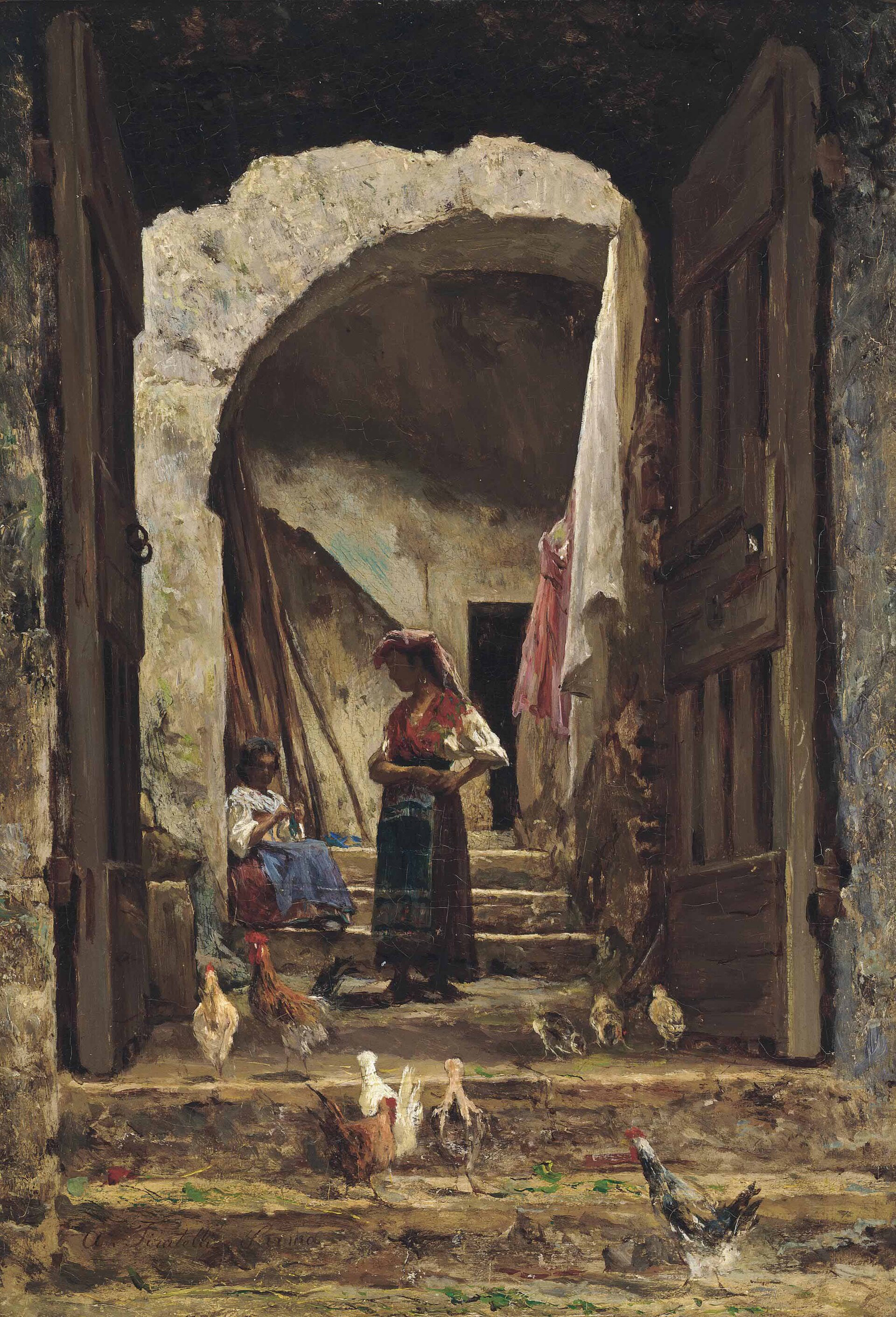 A painting of two people standing close in a narrow alley, mid-conversation, faces turned to each other.