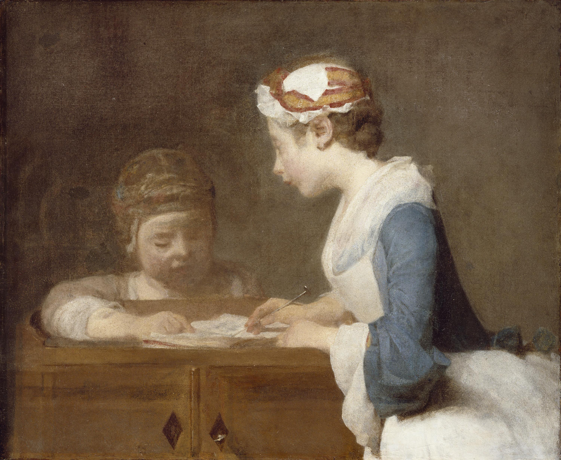 A painting of an older girl pointing at a page with a needle while a small child follows, mouth open.