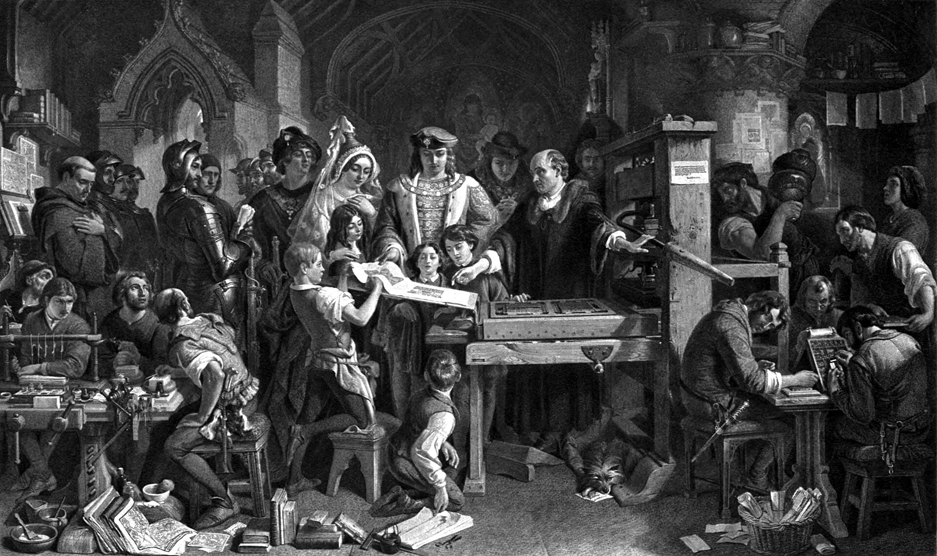 Tranh vẽ William Caxton trình một tờ in cho vua Edward IV và triều đình.