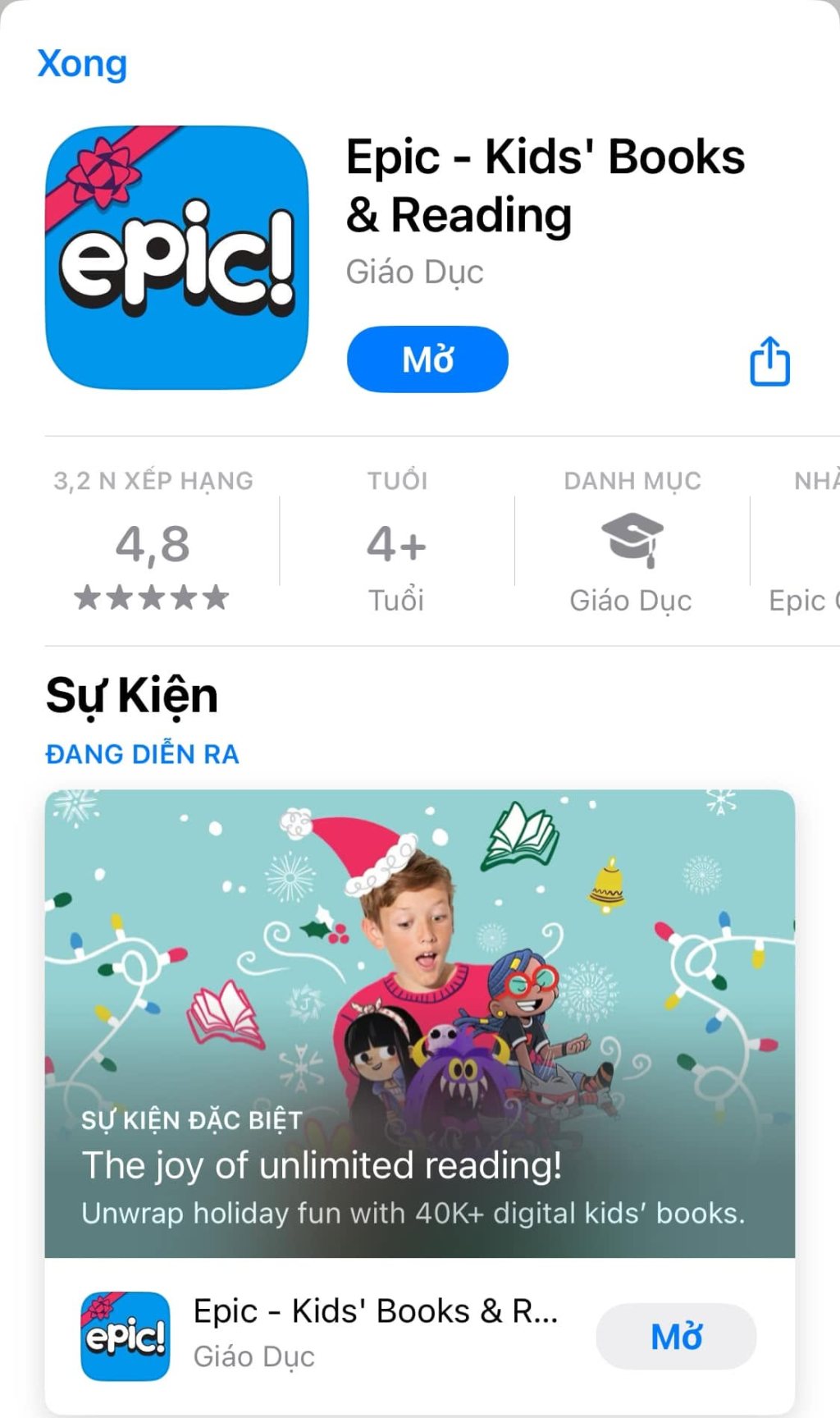 A screenshot of the Epic app page in the App Store: the white “epic!” logo on a blue tile, the app name “Epic - Kids’ Books & Reading”, the Education category, and a 4.8-star rating from 3.2K ratings