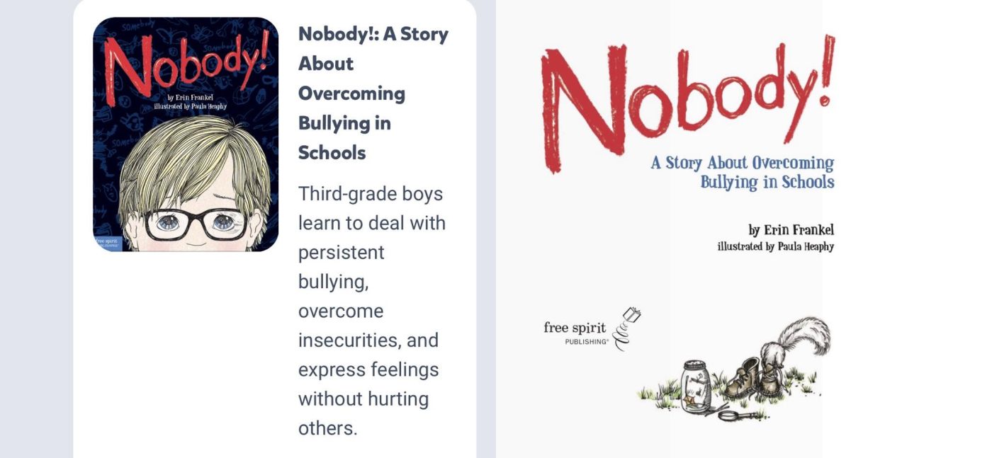 Screenshot introducing the book: a dark blue cover with the word “Nobody!” in red and the face of a blond boy in glasses, beside the publisher’s title page