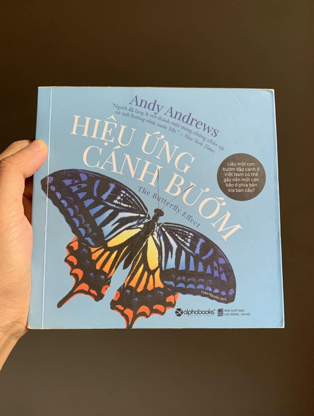 A hand holding the pale blue Vietnamese edition of Andy Andrews’ The Butterfly Effect, its cover showing a swallowtail butterfly in black with blue, yellow and orange markings