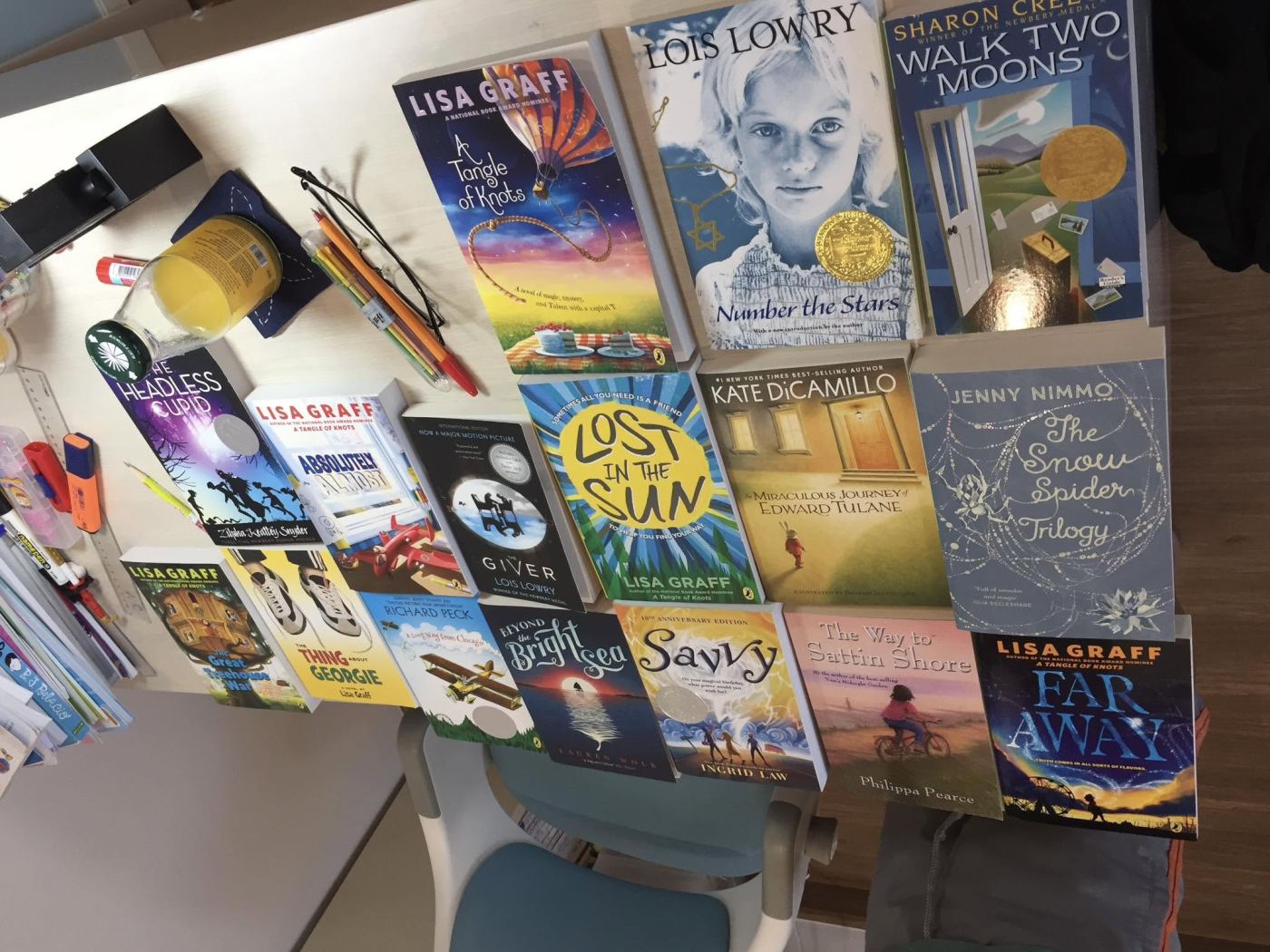 A desk covered with English children’s books, among them Number the Stars, Walk Two Moons, The Giver and Savvy